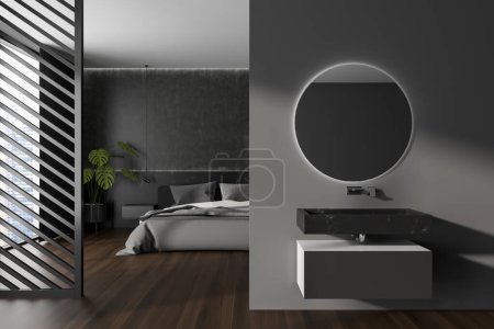 Photo for Dark hotel studio interior with bedroom and sink with mirror, panoramic window on skyscrapers. Sleeping area on hardwood floor and washbasin with dresser. 3D rendering - Royalty Free Image