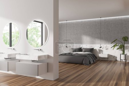 Photo for White bedroom interior with bed and double sink with mirror and dresser, side view. Panoramic window on tropics, hardwood floor. 3D rendering - Royalty Free Image