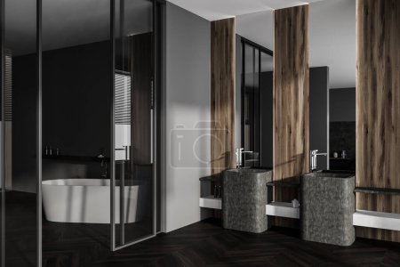Photo for Corner view on dark bathroom interior with bathtub, double sink, two mirrors, oak wooden hardwood floor, glass partition, grey walls. Concept of water treatment. 3d rendering - Royalty Free Image