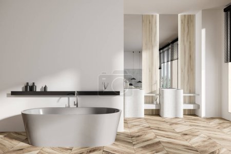 Photo for Front view on bright bathroom interior with empty white wall, bathtub, double sink, two mirrors, oak wooden hardwood floor. Concept of water treatment. 3d rendering - Royalty Free Image