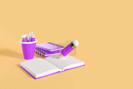 Photo for Open book with empty pages, pencil writing and cup with pencils on yellow background. Concept of workplace and education. Mockup copy space. 3D rendering - Royalty Free Image