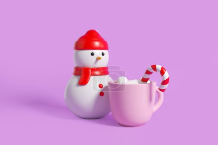 Foto de Hombre de nieve con taza de bebida de cacao con bastón de caramelo y malvavisco. Concepto de mercado navideño y festivo. Renderizado 3D - Imagen libre de derechos