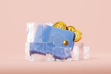 Téléchargez les photos : Portefeuille matériel et pièces crypto-monnaie en cubes de glace sur fond rose. Concept de crypto hiver et gel de l'argent. rendu 3D - en image libre de droit
