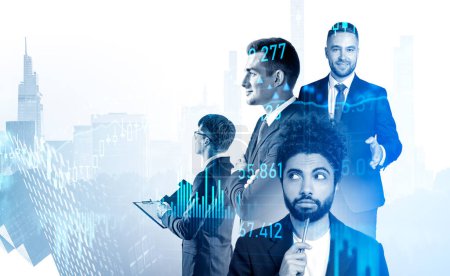 Photo for Group of handsome businessmen in formal suits work together having conference meeting to improve trading indicators. City skyscrapers and financial chart. Concept of teamwork, cooperation, coworking - Royalty Free Image
