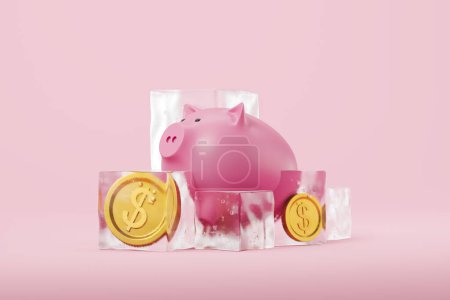 Foto de Hucha y monedas de oro en cubos de hielo sobre fondo rosa. Concepto de dinero y congelación de depósitos. Renderizado 3D - Imagen libre de derechos