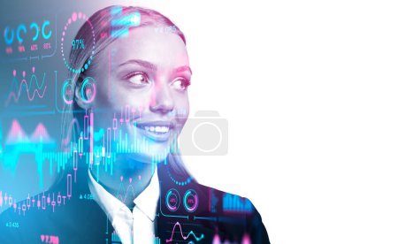 Photo for Smiling businesswoman silhouette portrait on empty white background. Colorful forex hologram with business data analysis, double exposure. Concept of consulting. Copy space - Royalty Free Image