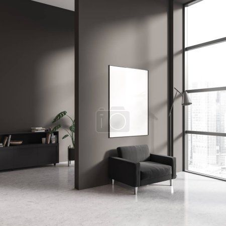 Photo for Corner view on dark living room interior with empty white poster, panoramic window, partition, armchair, closet, books, grey wall, concrete floor. Concept of minimalist design. Mock up. 3d rendering - Royalty Free Image
