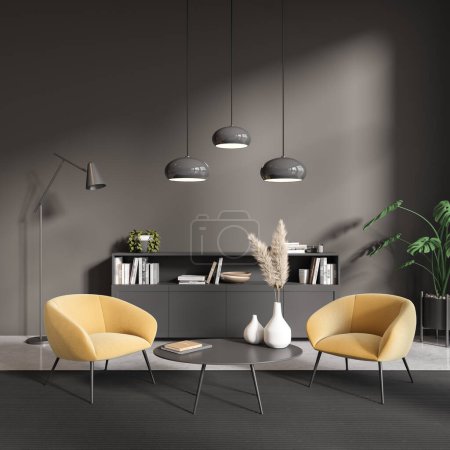 Photo for Front view on dark living room interior with coffee table, armchairs, crockery, books, grey wall, closet, concrete floor. Concept of minimalist design. Place for meeting, conversation. 3d rendering - Royalty Free Image