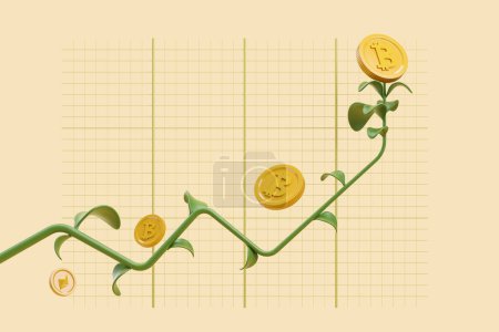 Photo for Three branch and graph chart, bitcoins on beige background. Concept of business investment and growth. 3D rendering - Royalty Free Image