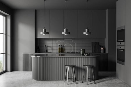 Photo for Front view on dark kitchen room interior with cupboard, panoramic window, grey wall, concrete floor, sink, island with barstools, double oven, gas cooker. Concept of minimalist design. 3d rendering - Royalty Free Image
