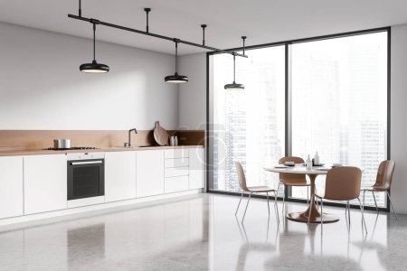 Photo for Corner view on bright modern kitchen room interior with dining table, chairs, panoramic window, white wall, concrete floor, sink, oven, gas cooker. Concept of minimalist design. 3d rendering - Royalty Free Image