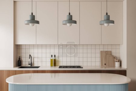 Téléchargez les photos : Vue de face sur l'intérieur lumineux de la cuisine avec un bon affichage pour la publicité, mur blanc, évier, cuisinière à gaz, inventaire de cuisson. Concept de design minimaliste. Rendu 3d - en image libre de droit