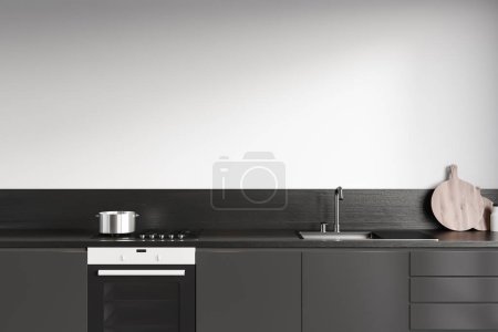 Photo for Front view on dark kitchen room interior with cupboard, white wall, oven, gas cooker, sink, cooking desk, pot. Concept of minimalist design. 3d rendering - Royalty Free Image