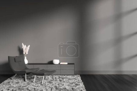 Photo for Dark relaxing room interior with armchair and bench, sideboard with minimalist decoration, carpet on black hardwood floor. Mockup copy space empty wall. 3D rendering - Royalty Free Image
