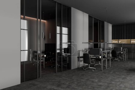Photo for Corner view on dark office room interior with armchairs, desktops, coworking space with desks, glass partition, concrete floor. Concept of company, firm. 3d rendering - Royalty Free Image