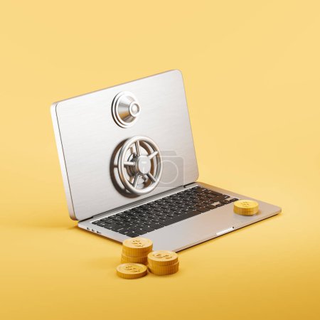 Photo for Laptop and metallic deposit box on screen with gold coins, side view on yellow background. Concept of online bank and money storage. 3D rendering - Royalty Free Image