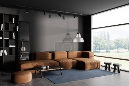 Photo for Corner view on dark living room interior with panoramic window, sofa, coffee table, shelf with books, empty grey wall, concrete floor. Concept of minimalist design. 3d rendering - Royalty Free Image