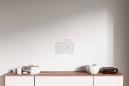 Photo for Front view on bright living room interior with closet with good display for advertising, empty white wall, books. Concept of minimalist design. 3d rendering - Royalty Free Image