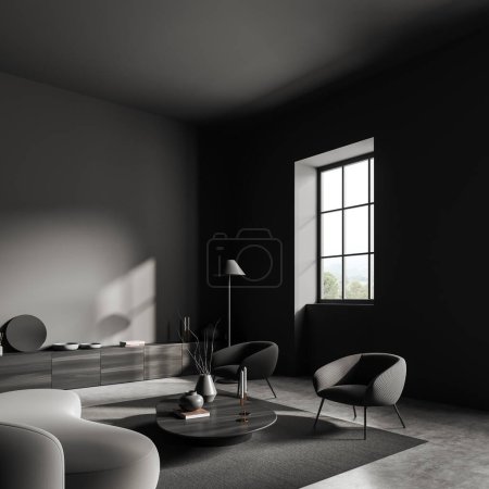 Foto de Dark living room interior with sofa and armchairs, side view drawer with art decoration and panoramic window on countryside. Mockup copy space wall. 3D rendering - Imagen libre de derechos
