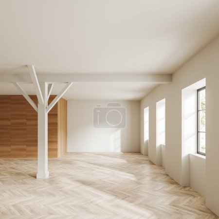 Téléchargez les photos : Light stylish empty room interior with hardwood floor, beige and wooden wall and column. Panoramic window on tropics. 3D rendering - en image libre de droit