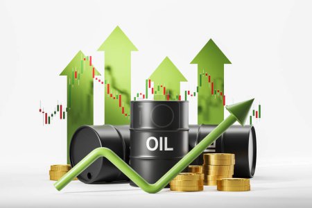 Téléchargez les photos : Oil barrels with gold coins and green rising line, stock market dynamics and candlesticks. Concept of rising price and investment. 3D rendering - en image libre de droit