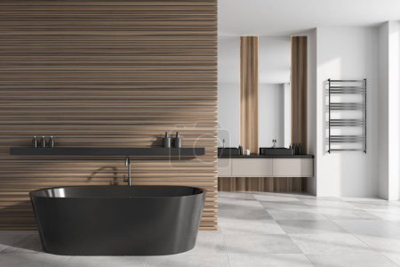 Foto de Modern bathroom interior with bathtub, double sink and towel rail. Shelf with accessories and partition, light concrete tile floor. Copy space wall. 3D rendering - Imagen libre de derechos
