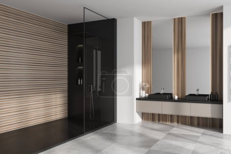 Photo for White bathroom interior with double sink and shower, side view mirror and bath accessories. Hotel bathing corner with grey concrete tile floor. 3D rendering - Royalty Free Image