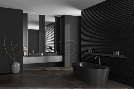 Foto de Dark bathroom interior with bathtub and double sink, side view on brown tile floor. Bathing corner with modern furniture. Copy space wall. 3D rendering - Imagen libre de derechos