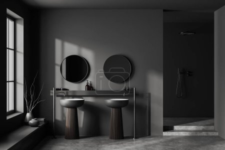 Photo for Front view on dark bathroom interior with double sink, two round mirrors, window, shower, grey walls, liquid soap, tile floor. Concept of water treatment. 3d rendering - Royalty Free Image