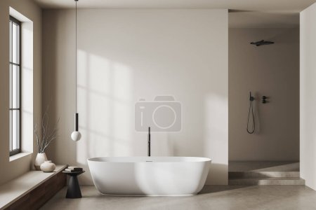 Photo for Front view on bright bathroom interior with large bathtub, window, shower, white walls, stool with towels, concrete tile floor. Concept of water treatment. 3d rendering - Royalty Free Image