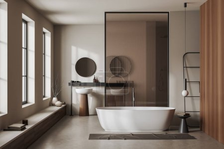 Beige Badezimmerausstattung mit Badewanne und Glasabtrennung, Doppelwaschbecken mit Zubehör. Badebereich mit Handtuchhalter und Panoramafenster. 3D-Rendering