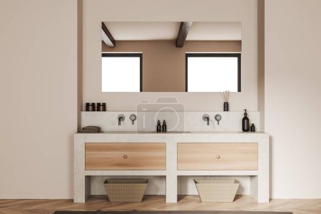 Foto de Beige bathroom interior with double sink and accessories, hardwood floor. Stylish washbasin in modern hotel studio with panoramic window. 3D rendering - Imagen libre de derechos