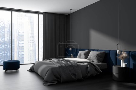 Téléchargez les photos : Corner view on dark bedroom interior with bed, bedsides, cupboard, panoramic window, hardwood floor, grey wall. Concept of minimalist design. Space for chill and relaxation. 3d rendering - en image libre de droit