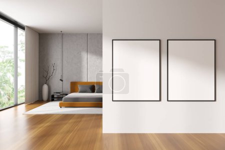 Photo for Front view on bright bedroom interior with two empty white posters, bed, window, oak wooden floor, white wall. Concept of minimalist design. Space for chill and relaxation. Mock up. 3d rendering - Royalty Free Image