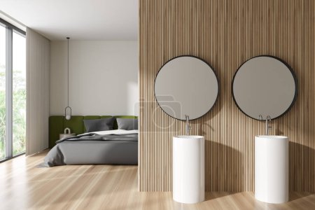 Téléchargez les photos : Front view on bright studio interior with bed, panoramic window, double sink, two mirrors, oak wooden hardwood floor, white walls. Concept of water treatment, chill and relaxation. 3d rendering - en image libre de droit