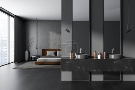 Téléchargez les photos : Front view on dark studio interior with bed, panoramic window, double sink and mirrors, bedsides, wooden floor, grey wall. Concept of minimalist design. Space for chill and relaxation. 3d rendering - en image libre de droit