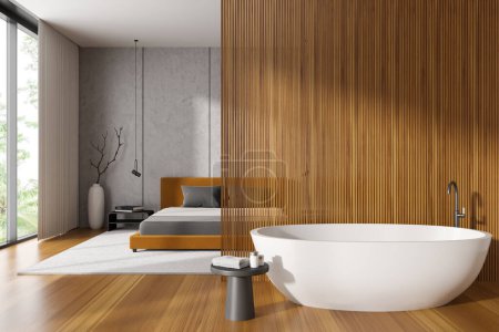 Téléchargez les photos : Front view on bright studio interior with bed, panoramic window, bathtub, partition, bedsides, wooden floor, white wall. Concept of minimalist design. Space for chill and relaxation. 3d rendering - en image libre de droit