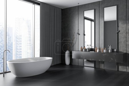 Photo for Corner view on dark bathroom interior with double sink, bathtub, panoramic window, two large mirrors, vase, grey walls, liquid soap, oak wooden floor. Concept of water treatment. 3d rendering - Royalty Free Image