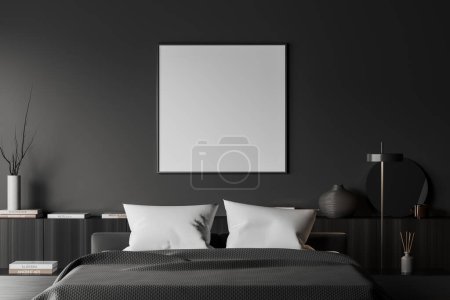 Téléchargez les photos : Front view on dark bedroom interior with empty white poster, bed, bedsides, shelf with books, round mirror, grey wall. Concept of minimalist design, chill and relaxation. Mock up. 3d rendering - en image libre de droit