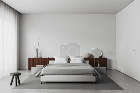 Téléchargez les photos : Front view on bright bedroom interior with bed, bedsides, panoramic window with curtain, sideboard, concrete floor, white wall. Concept of minimalist design, chill and relaxation. 3d rendering - en image libre de droit