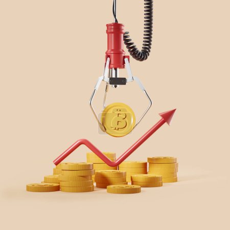 Téléchargez les photos : Red robotic claw grip gold bitcoin and red rising arrow on beige background. Concept of investment and cryptocurrency. 3D rendering - en image libre de droit