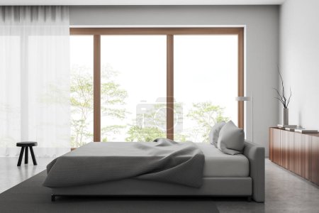 Foto de Cozy bedroom interior with bed and panoramic window, wooden drawer with books and decor. Panoramic window on tropics with tulle. 3D rendering - Imagen libre de derechos