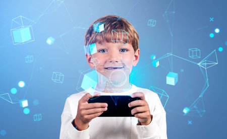 Foto de Smiling handsome boy wearing casual wear typing on smartphone with digital interface with blockchain holograms and line connection. Concept of modern technology of artificial intelligence, metaverse - Imagen libre de derechos