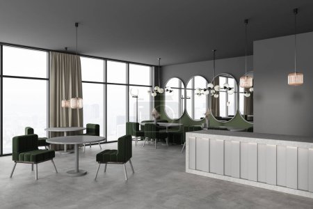 Photo for Corner view on dark cafe interior with panoramic windows with Paris city skyscrapers view, tables with armchairs, concrete floor, mirrors. Concept of spacious restaurant in megapolis. 3d rendering - Royalty Free Image