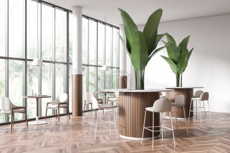 Téléchargez les photos : Front view on bright cafe interior with panoramic windows with countryside view, tables with armchairs, barstools with bar counter, plant, hardwood floor. Concept of spacious restaurant. 3d rendering - en image libre de droit