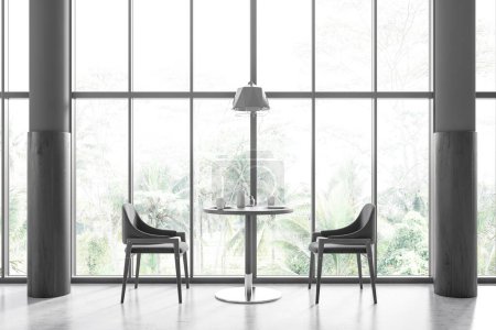 Foto de Dark cafe interior with two chairs and round table with dishes, grey concrete floor. Panoramic window on tropics. 3D rendering - Imagen libre de derechos