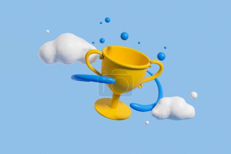 Téléchargez les photos : Gold champion cup with clouds on blue background with water drops. Concept of swimming and prize. 3D rendering - en image libre de droit