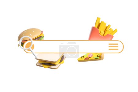 Téléchargez les photos : Empty mock up web search box and fast food on white background. Burger, snack, sandwich and pizza icons. Concept of food delivery and restaurant. 3D rendering - en image libre de droit