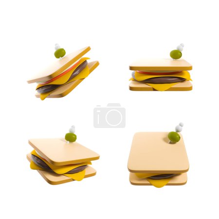 Téléchargez les photos : Four set of sandwich from different angles, white background. Concept of fast food and snack. 3D rendering - en image libre de droit