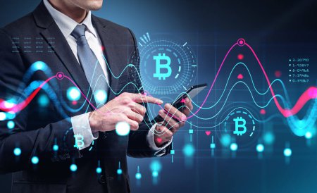 Téléchargez les photos : Businessman in formal suit holding smartphone with digital interface with forex chart, graph, cryptocurrency, candlesticks. Concept of trading on stock market, exchange, profitable commercial deals - en image libre de droit